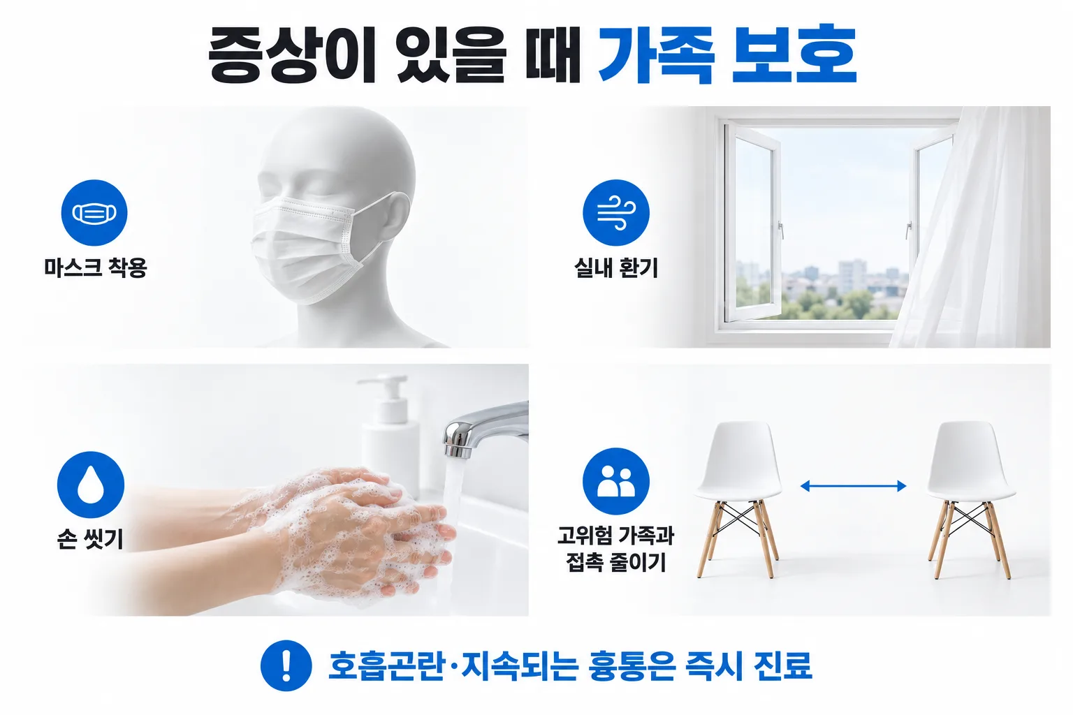 마스크 착용, 실내 환기, 손 씻기, 고위험 가족과의 접촉 줄이기 안내