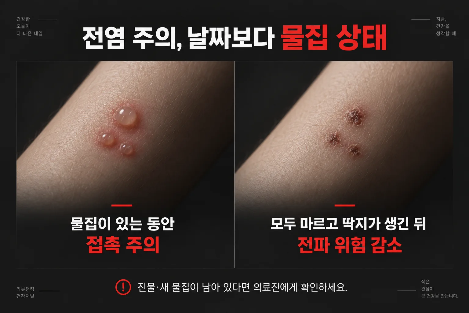 물집이 있는 동안 접촉을 주의하고 모두 마르고 딱지가 생겼는지 확인하는 대상포진 전염 기간 안내