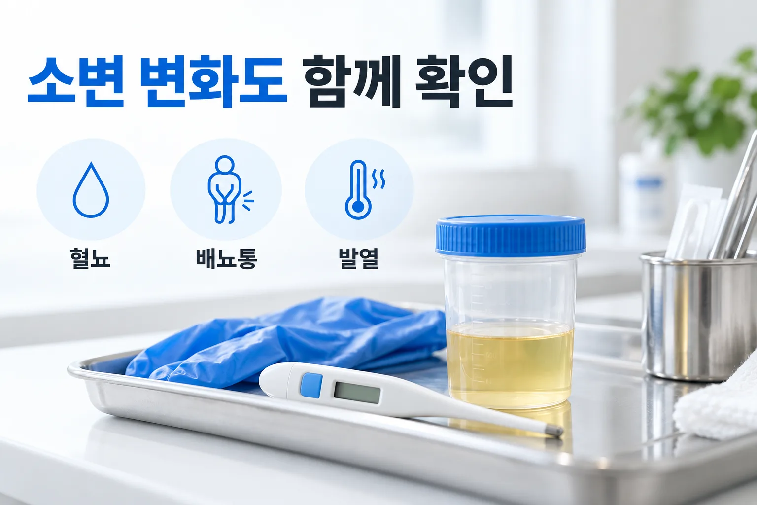 옆구리 통증과 함께 확인할 혈뇨, 배뇨통, 발열을 보여주는 진료 안내 이미지