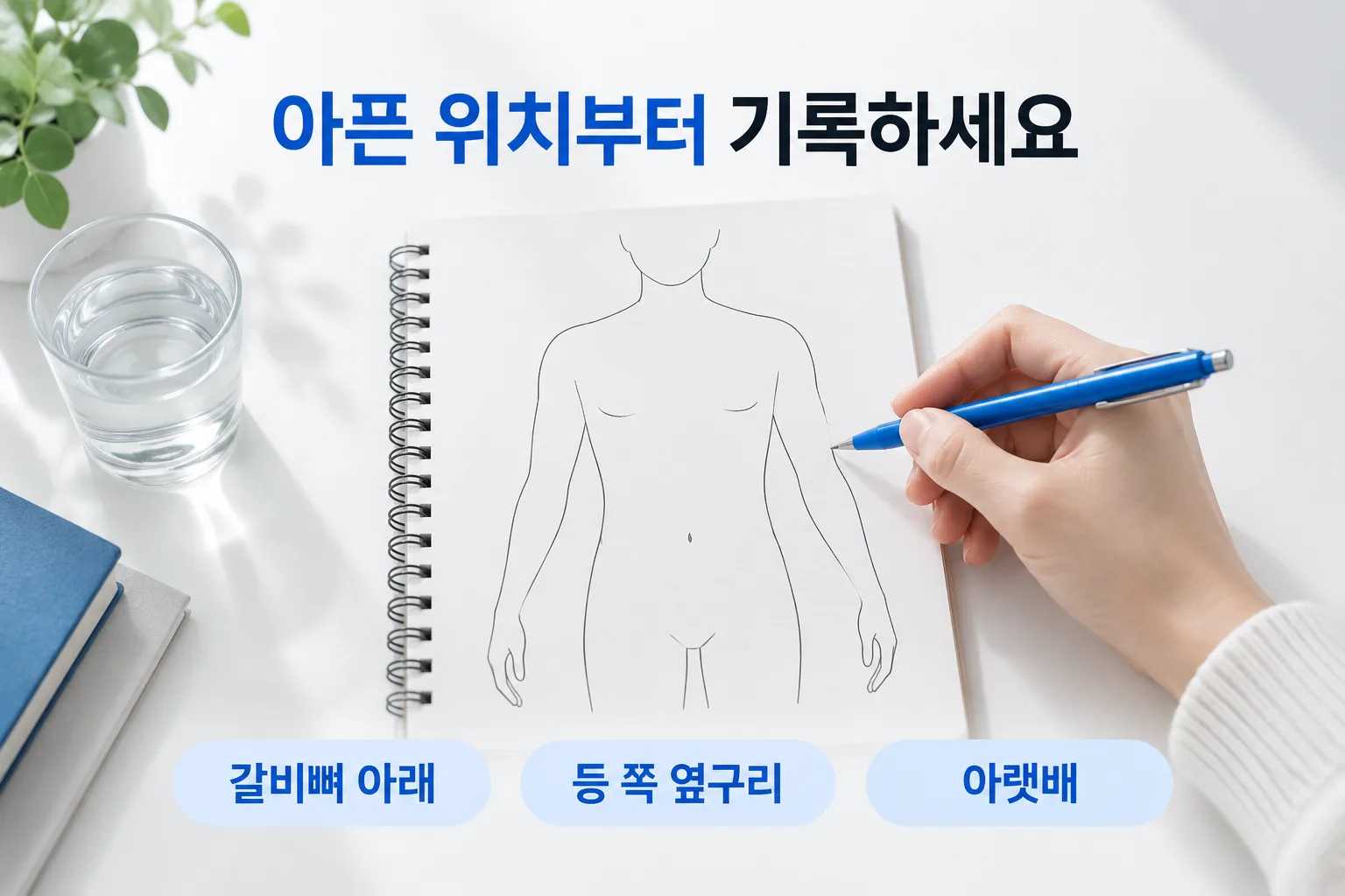 왼쪽 갈비뼈 아래, 등 쪽 옆구리, 아랫배로 통증 위치를 나누어 기록하는 안내