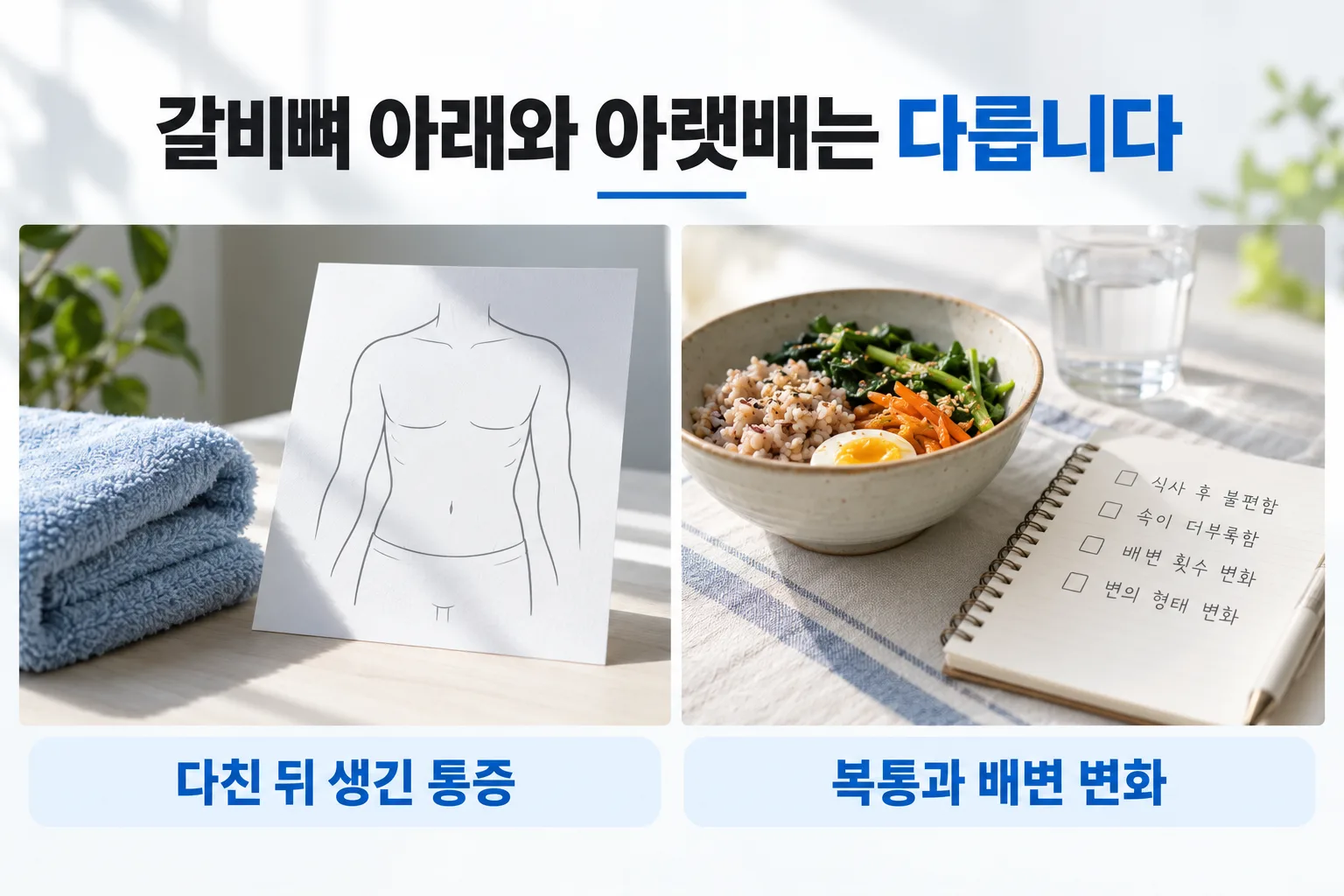 다친 뒤 갈비뼈 아래 통증과 배변 변화가 있는 아랫배 통증을 구분하는 이미지