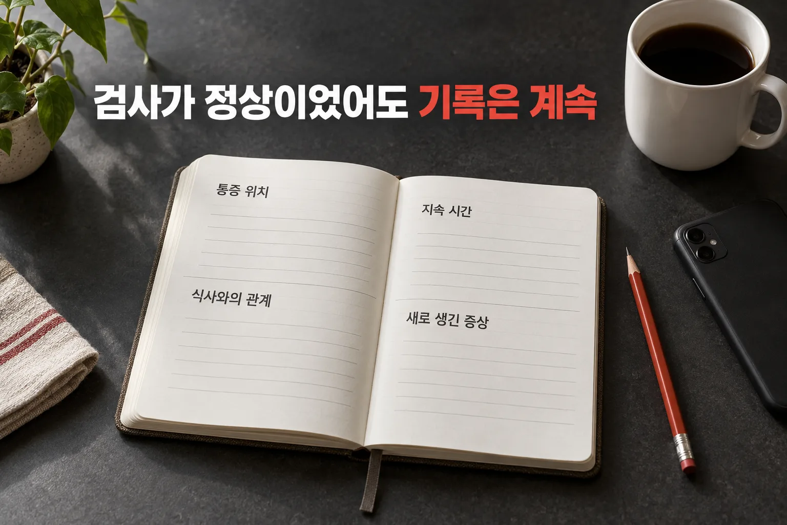 반복 통증의 위치, 지속 시간, 식사와의 관계, 새로 생긴 증상을 기록하는 일지