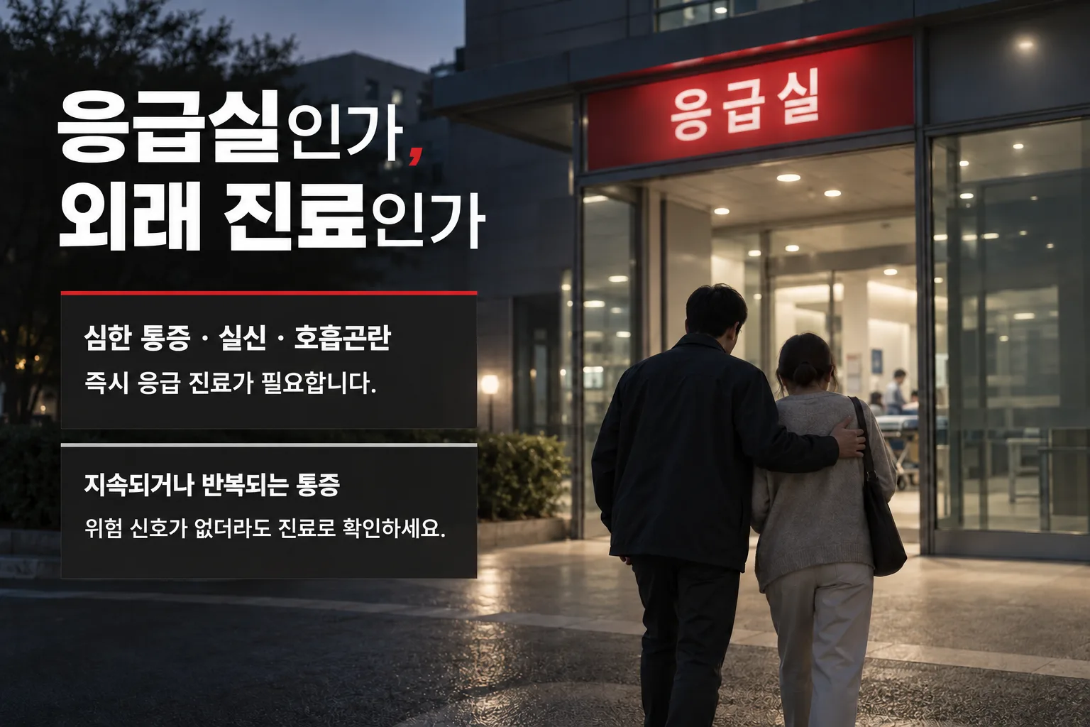 심한 통증과 실신, 호흡곤란이 있는 응급 상황과 지속·반복 통증의 외래 평가를 구분하는 이미지