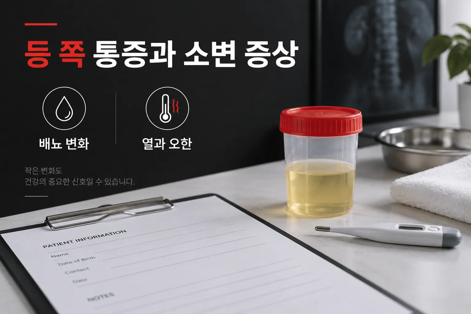 등 쪽 옆구리 통증에서 배뇨 변화와 열, 오한을 함께 확인하는 이미지