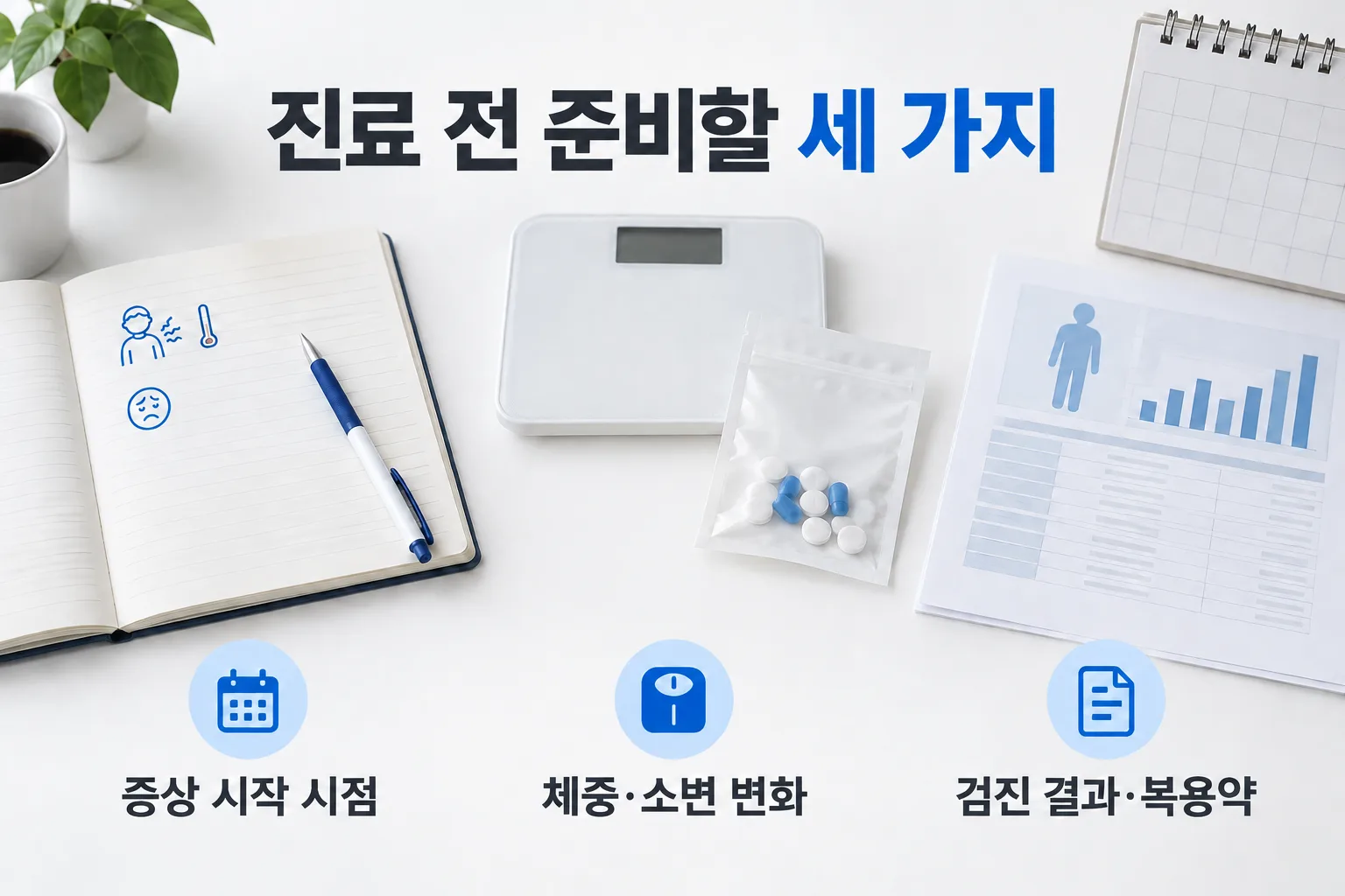 증상 시작 시점, 체중과 소변 변화, 검진 결과와 복용약을 진료 전에 준비하는 체크리스트