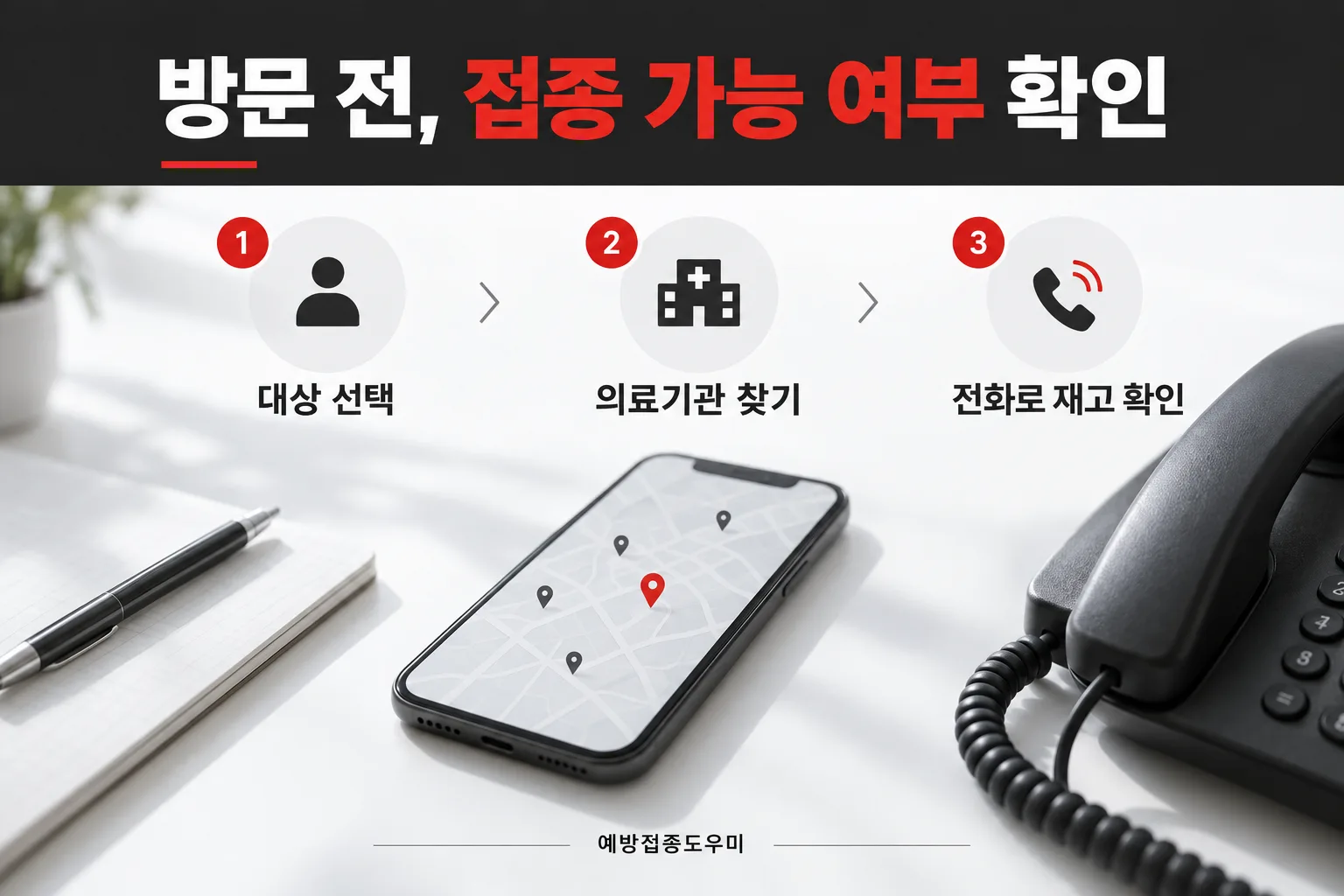 예방접종도우미에서 대상과 의료기관을 찾은 뒤 전화로 백신 재고를 확인하는 순서