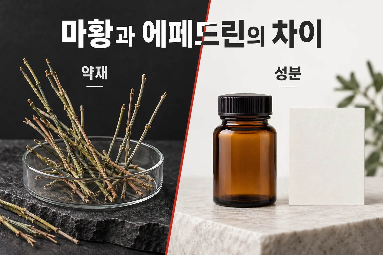마황은 약재이고 에페드린은 그 안에 들어 있는 성분이라는 차이를 보여주는 이미지