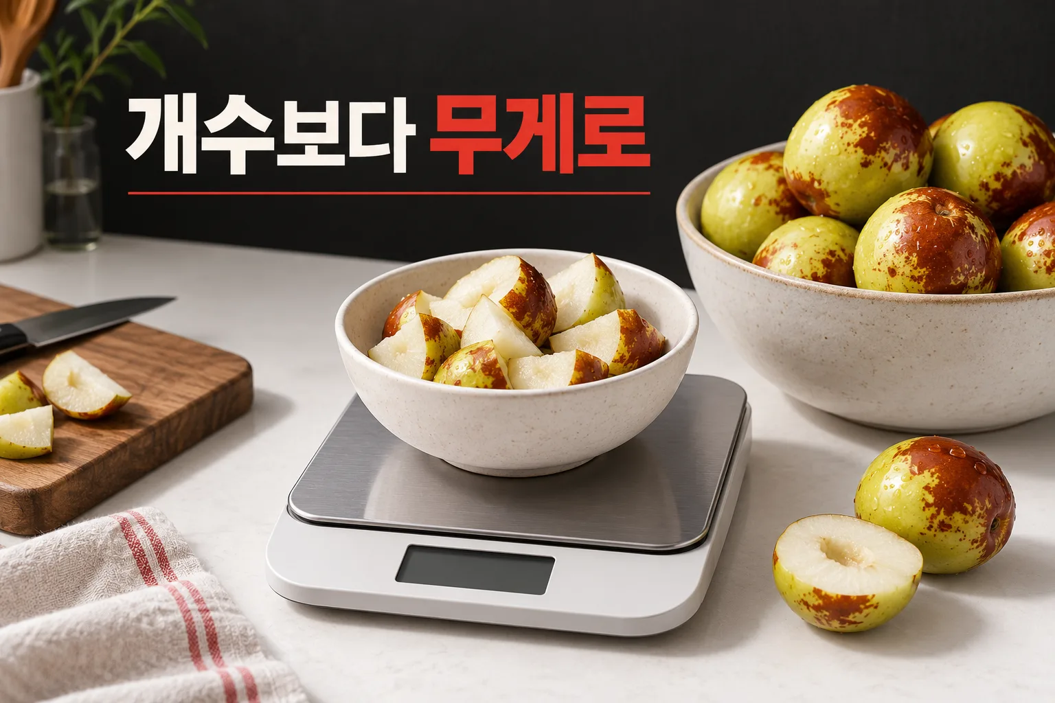 씨를 뺀 사과대추 과육을 주방저울로 재어 섭취량을 확인하는 모습