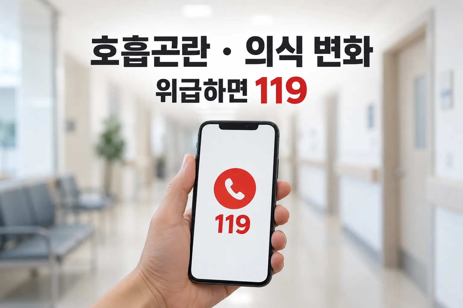 호흡곤란이나 의식 변화가 생기면 지체하지 말고 응급 도움을 요청하라는 안내