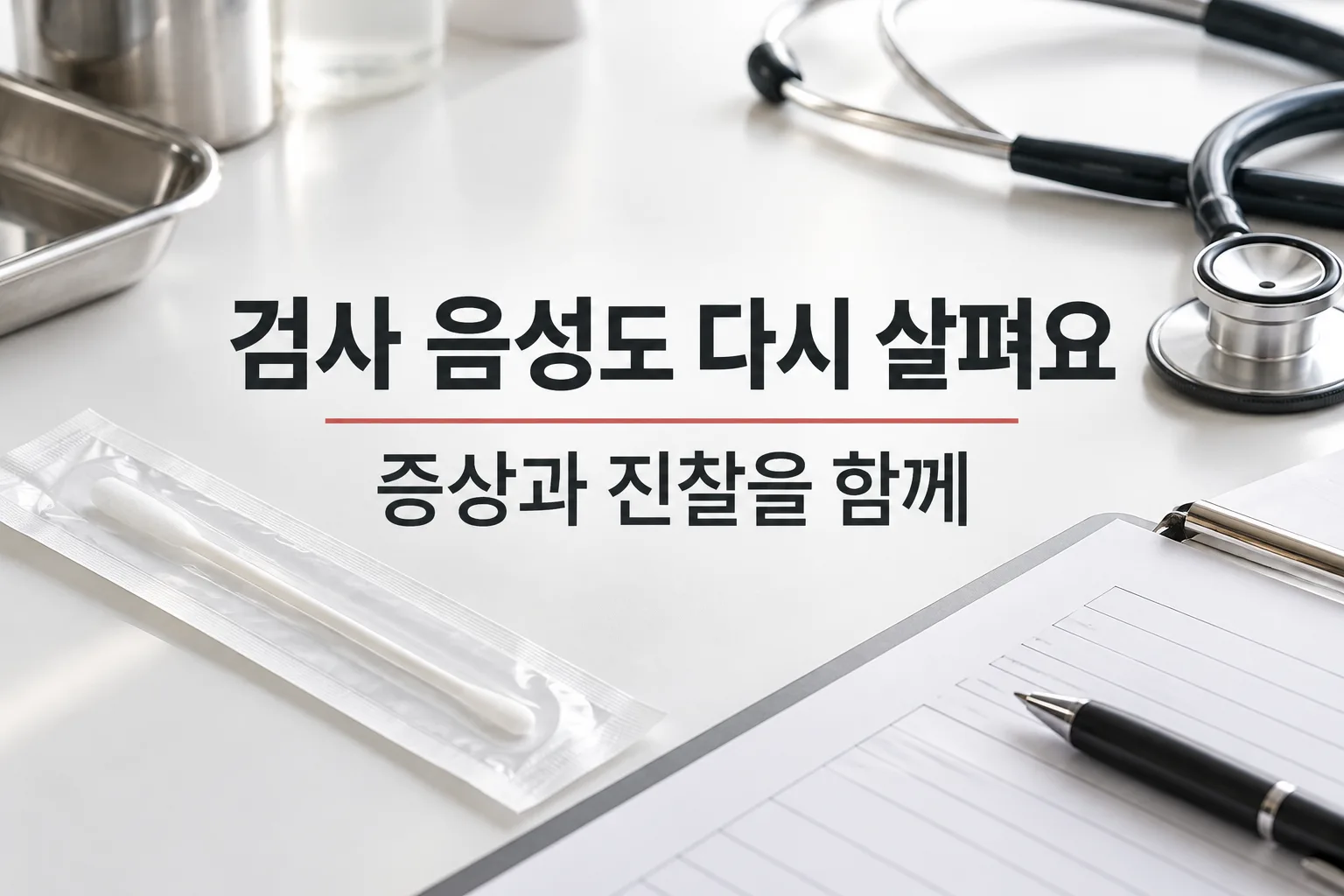 진찰 기록과 검체 채취 도구, 독감 검사 결과를 증상과 함께 판단하는 과정