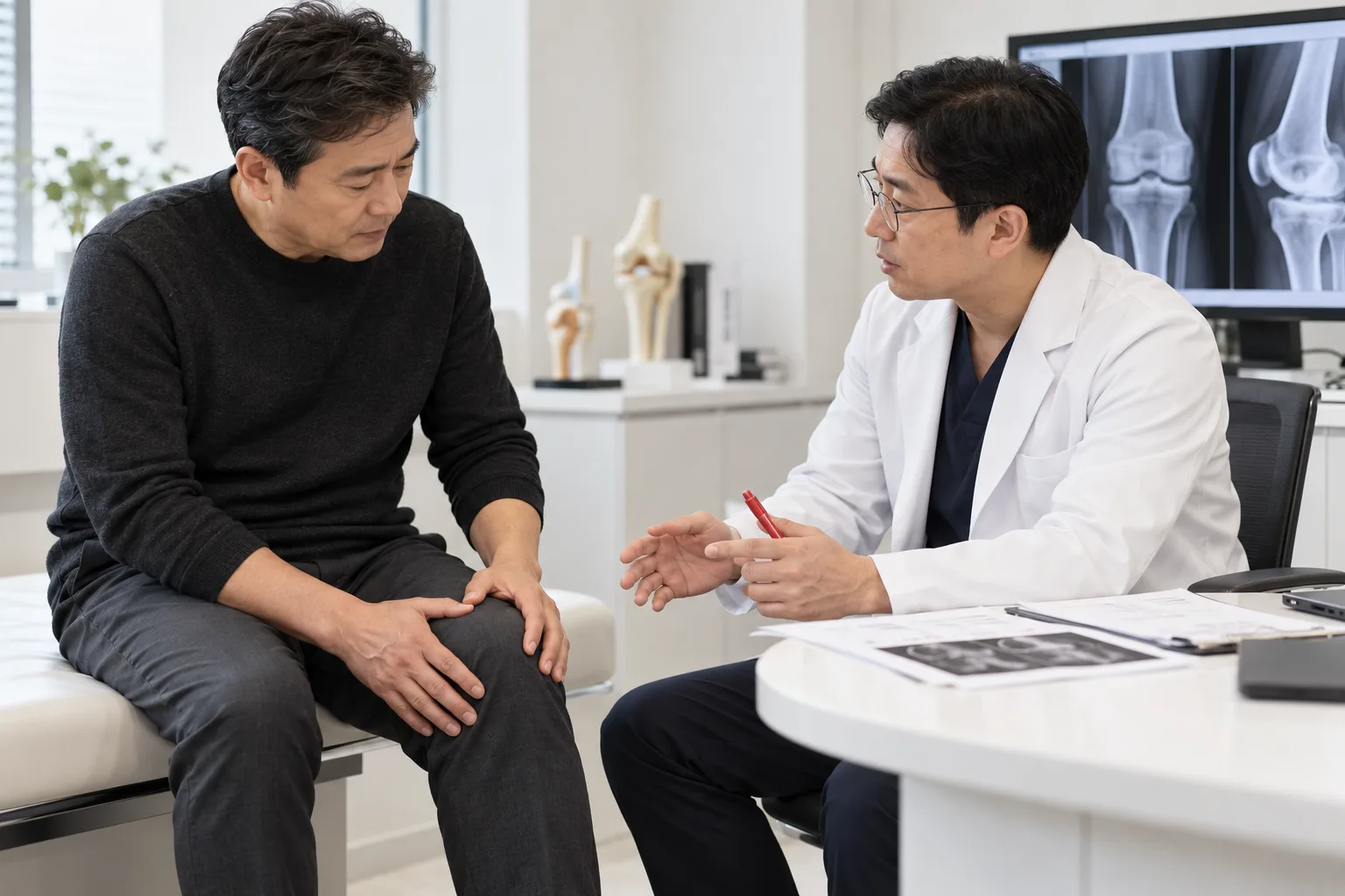 무릎 통증의 원인과 치료 방법을 의료진과 상담하는 중년 성인