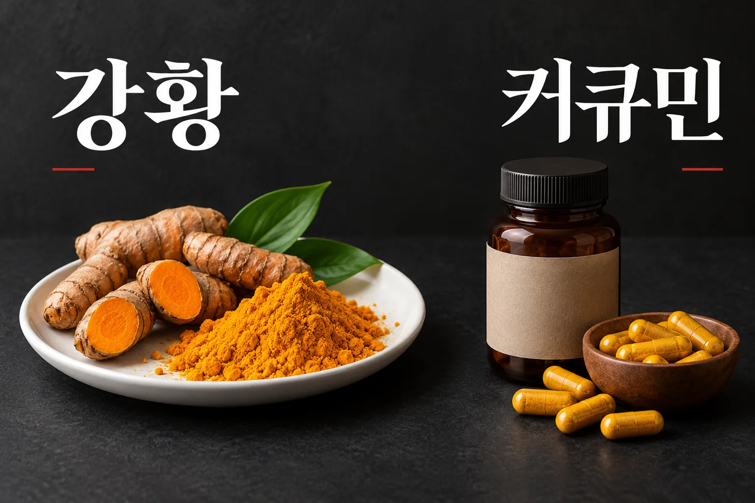 강황 뿌리와 가루, 커큐민 보충제 형태를 나란히 비교한 모습
