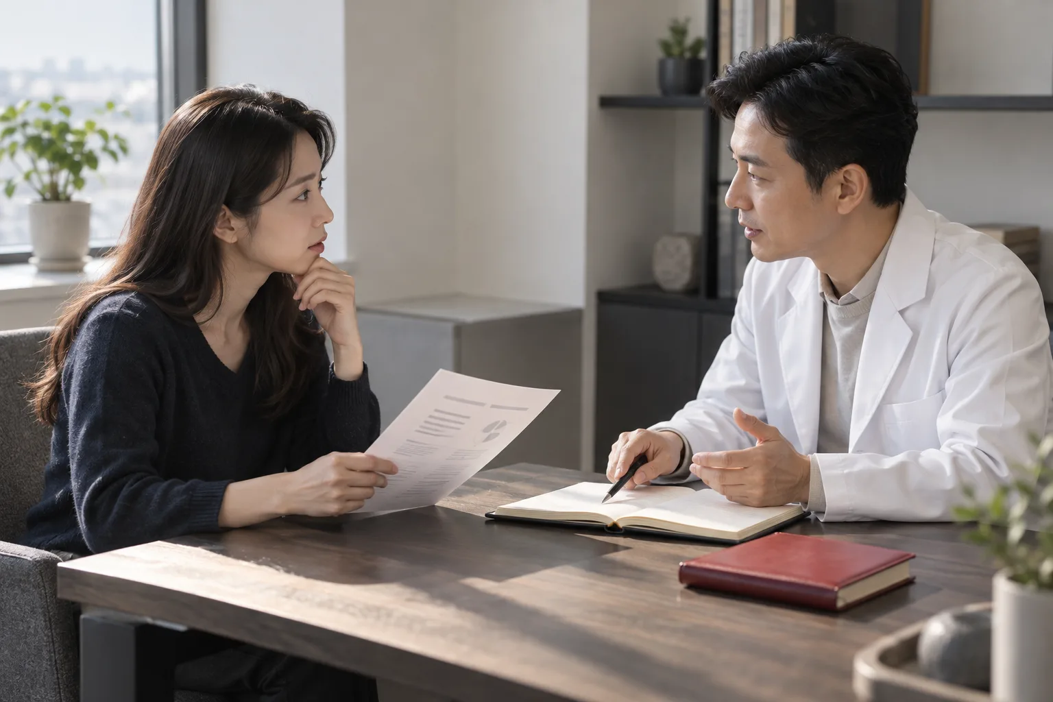 자가진단 결과와 궁금한 점을 적은 자료를 가지고 의료진에게 상담하는 장면